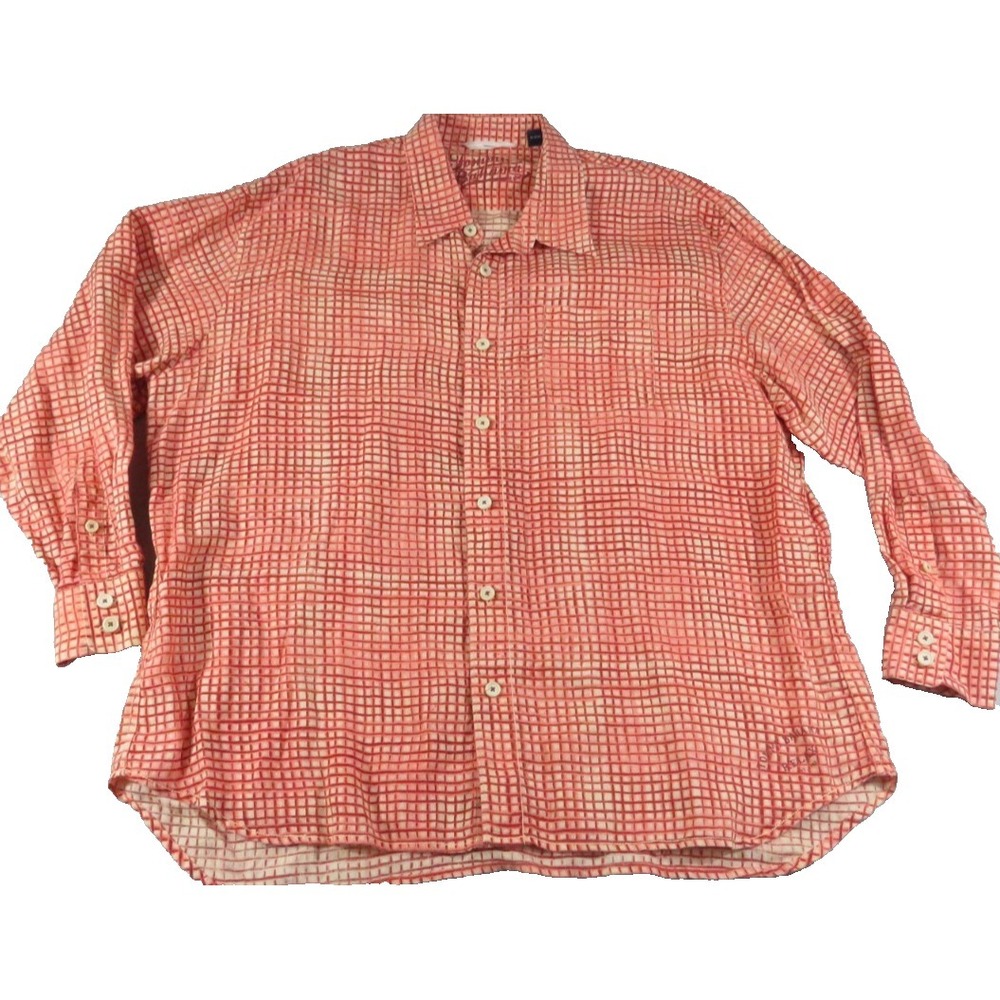 Tommy Bahama Mens XXL 100% Linen Coral Red Plaid Relaxed Fit Button Up Shirt EUC